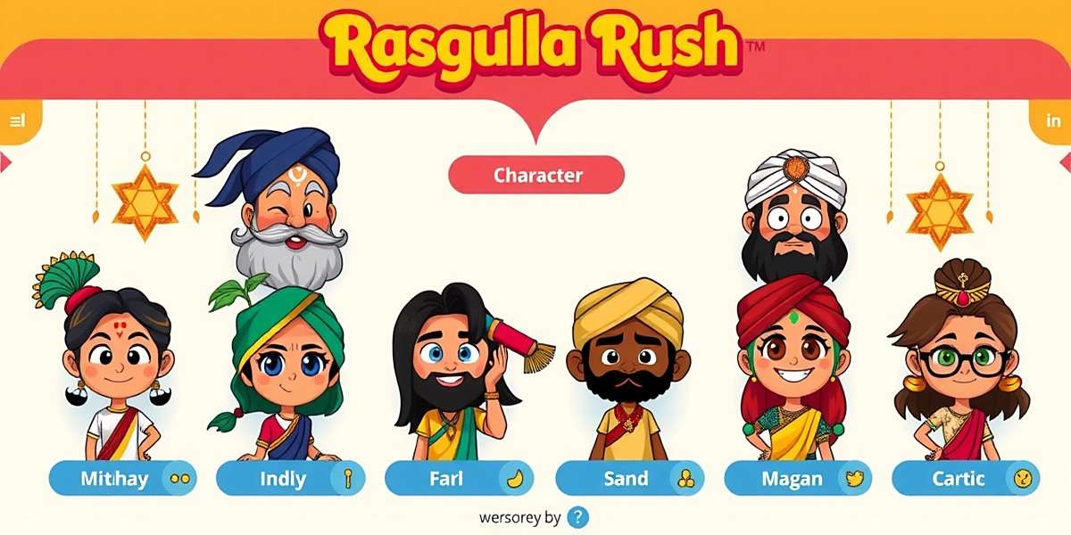 Character Customization in Rasgulla Rush Rasgulla Rush character selection screen showing diverse Indian characters in traditional attire from different regions