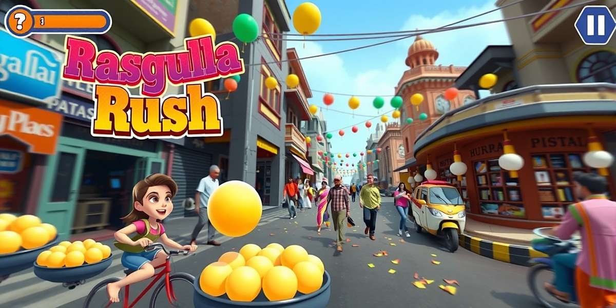 Rasgulla Rush - India's Sweetest Mobile Game Rasgulla Rush gameplay showing a player collecting rasgullas in a colorful Kolkata street during Durga Puja celebrations